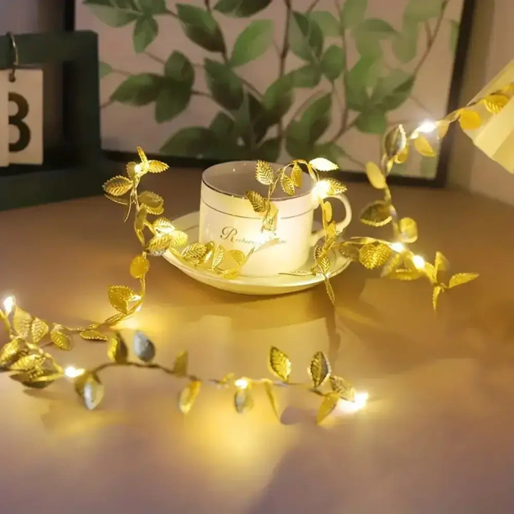 Golden silver tiny leaves fairy lights bedroom decor