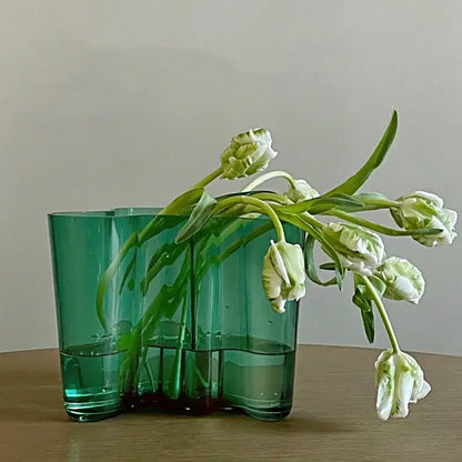 Modern wavy emerald green glass vase living room decor