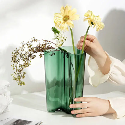 Modern wavy emerald green glass vase living room decor