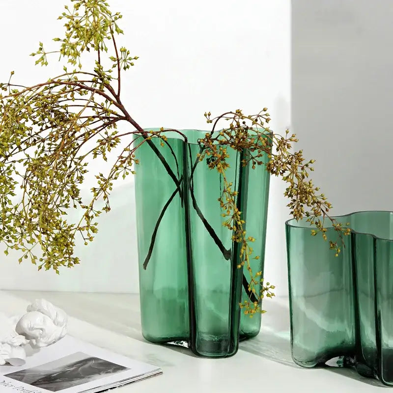 Modern wavy emerald green glass vase living room decor