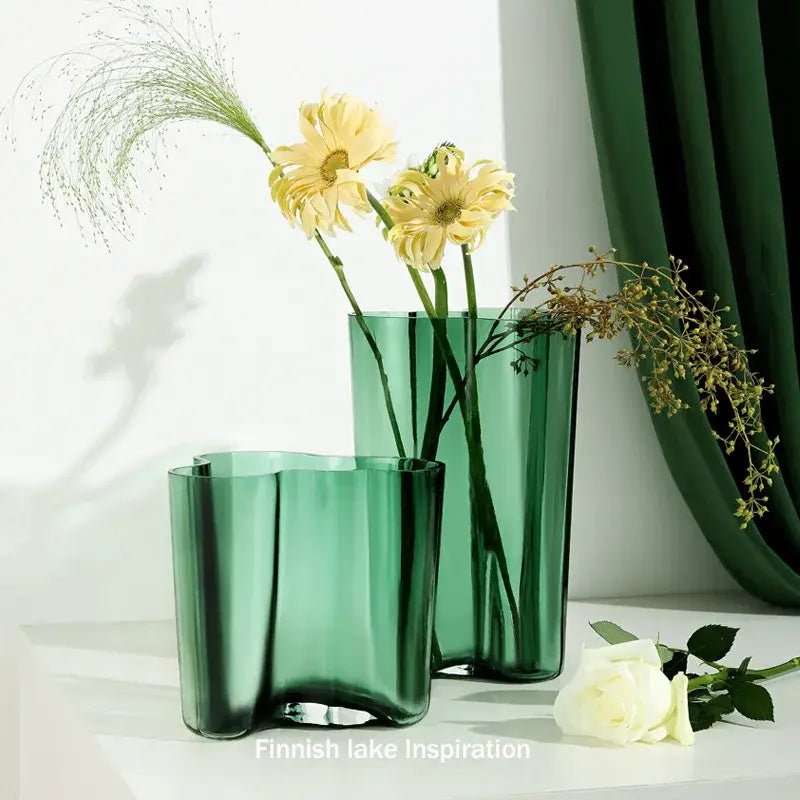 Modern wavy emerald green glass vase living room decor