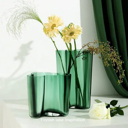 Modern wavy emerald green glass vase living room decor