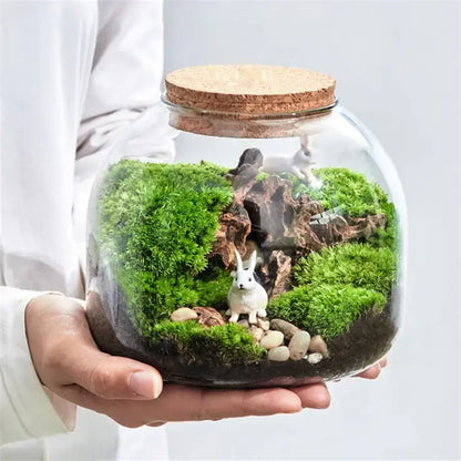 Green moss glass vase terrarium with rabbit figurines living room decor
