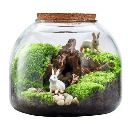 Green moss glass vase terrarium with rabbit figurines living room decor