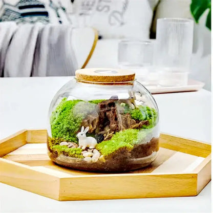 Green moss glass vase terrarium with rabbit figurines living room decor