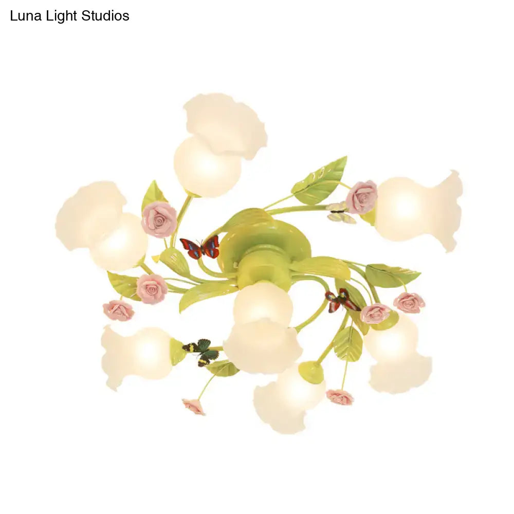 Floral pink & green butterfly ceiling light fixture – bedroom decor