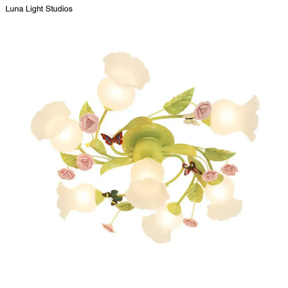 Floral pink & green butterfly ceiling light fixture – bedroom decor
