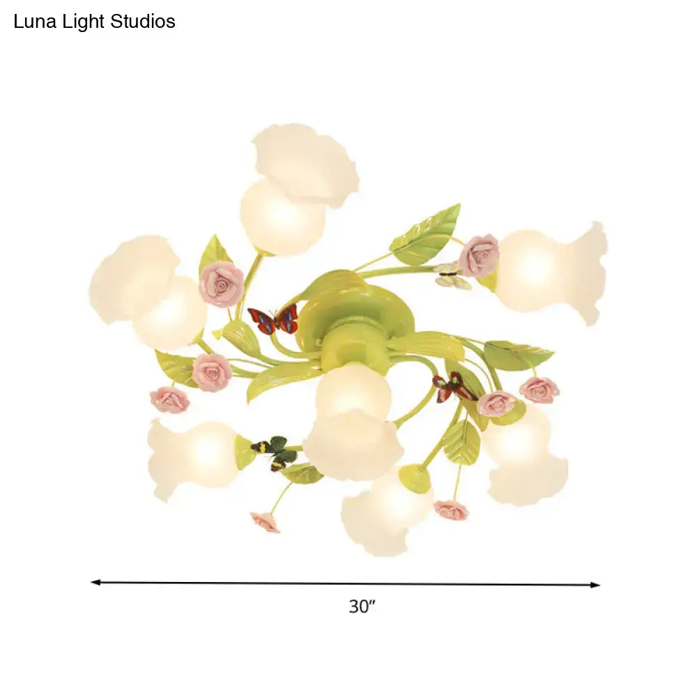Floral pink & green butterfly ceiling light fixture – bedroom decor