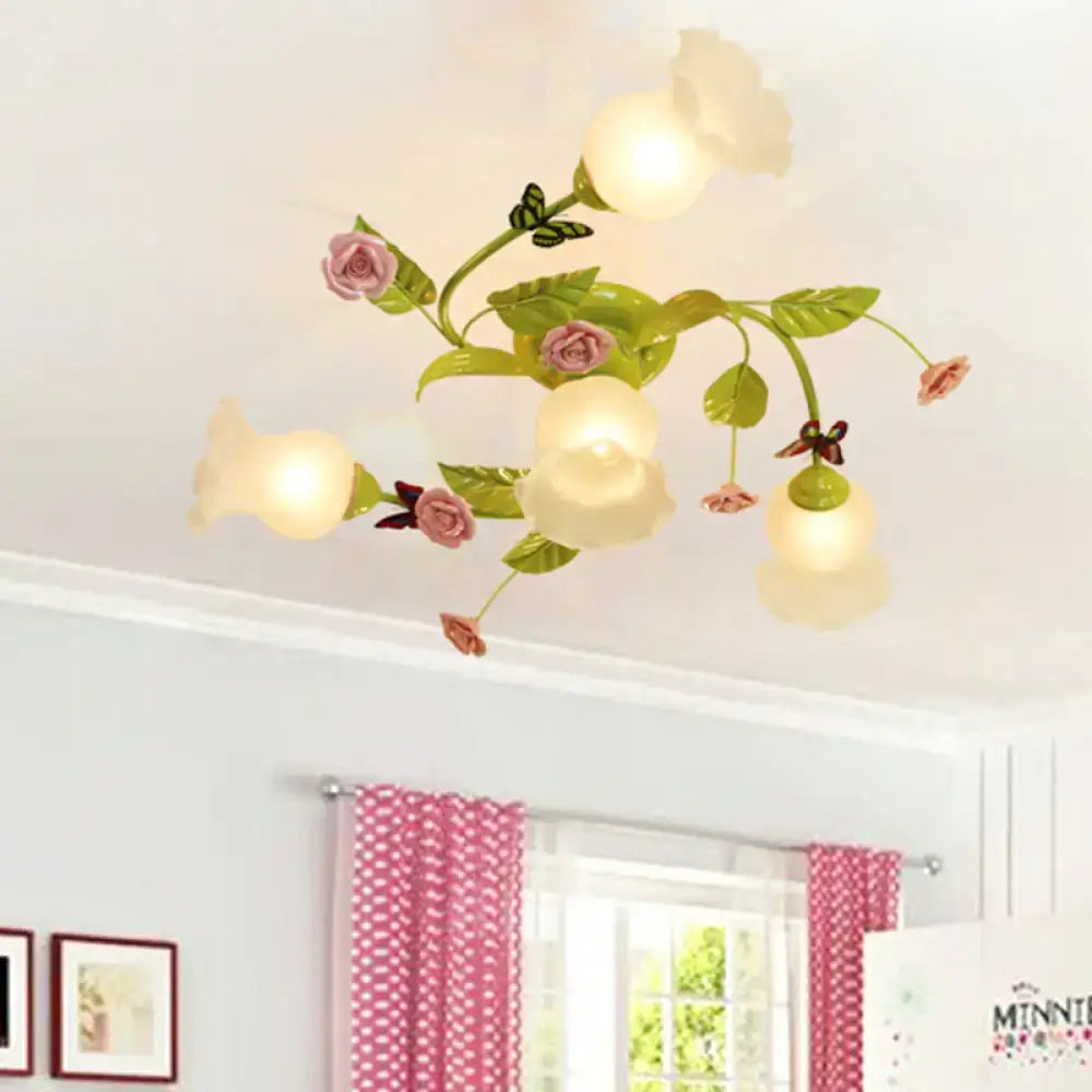 Floral pink & green butterfly ceiling light fixture – bedroom decor