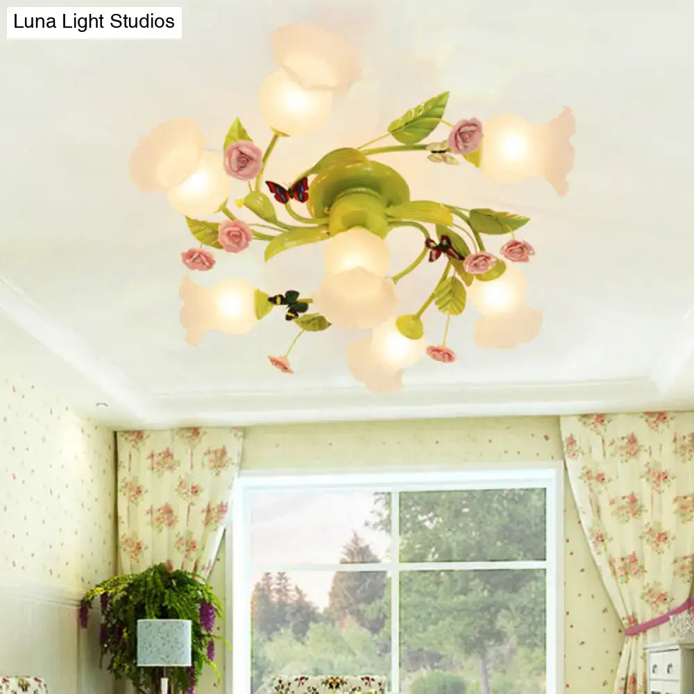 Floral pink & green butterfly ceiling light fixture – bedroom decor