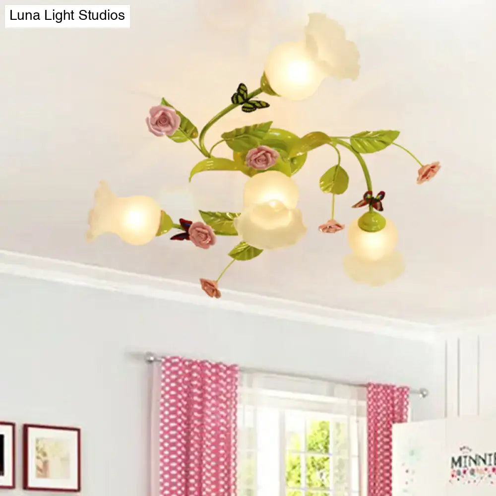 Floral pink & green butterfly ceiling light fixture – bedroom decor