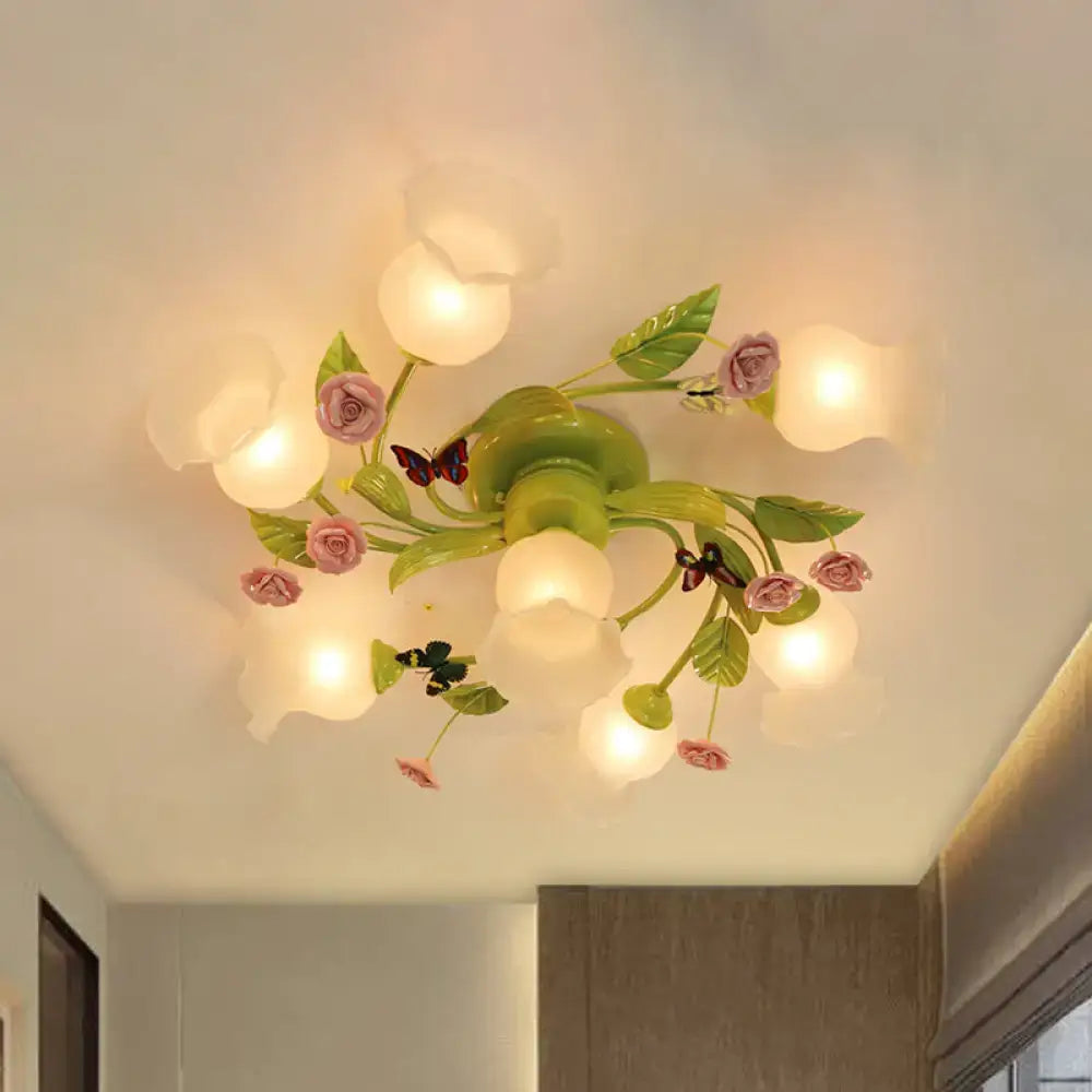 Floral pink & green butterfly ceiling light fixture – bedroom decor