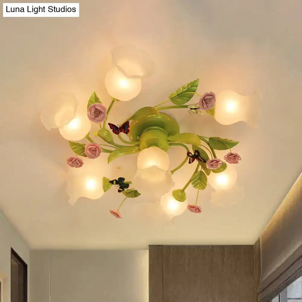 Floral pink & green butterfly ceiling light fixture – bedroom decor