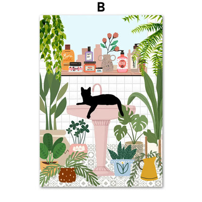 DecorBites™ Green Plants Black Cat Canvas Wall Art