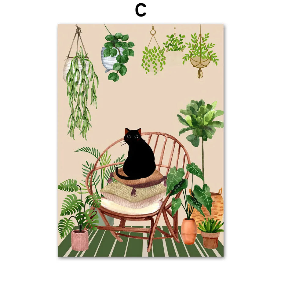 DecorBites™ Green Plants Black Cat Canvas Wall Art