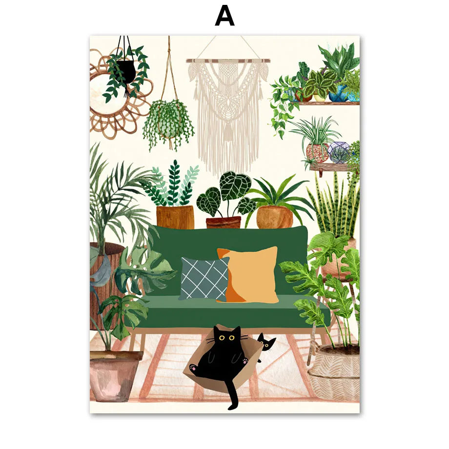 DecorBites™ Green Plants Black Cat Canvas Wall Art