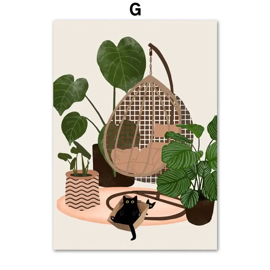 Botanical green plants and black cat framed wall art set living room