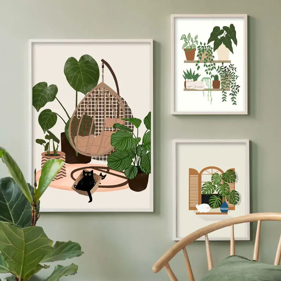 Botanical green plants and black cat framed wall art set living room
