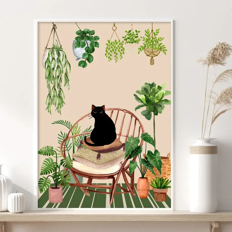 Botanical green plants and black cat framed wall art set living room