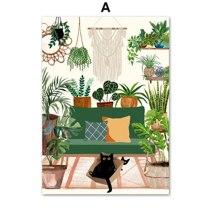 Botanical green plants and black cat framed wall art set living room