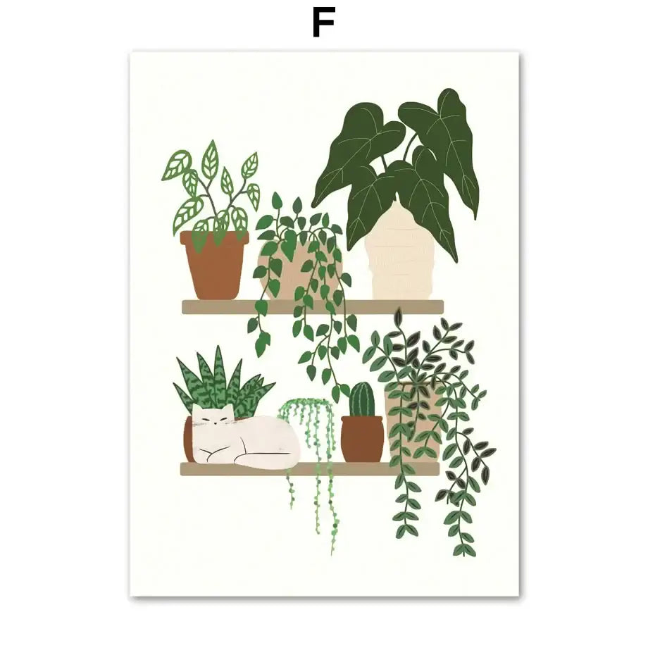Botanical green plants and black cat framed wall art set living room