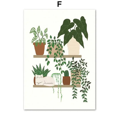 Botanical green plants and black cat framed wall art set living room