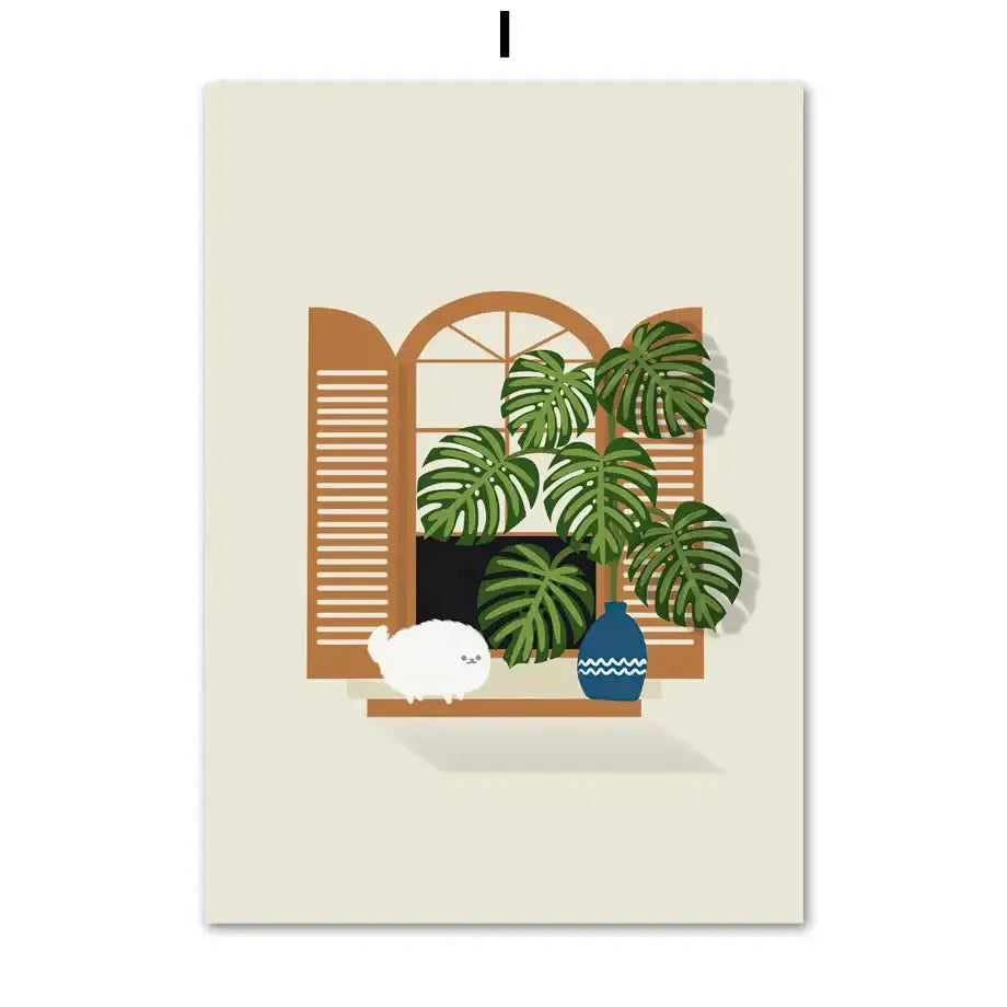 Botanical green plants and black cat framed wall art set living room
