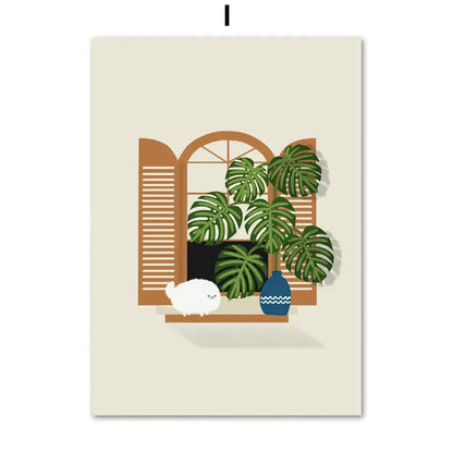Botanical green plants and black cat framed wall art set living room