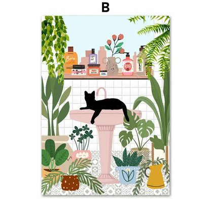 Botanical green plants and black cat framed wall art set living room