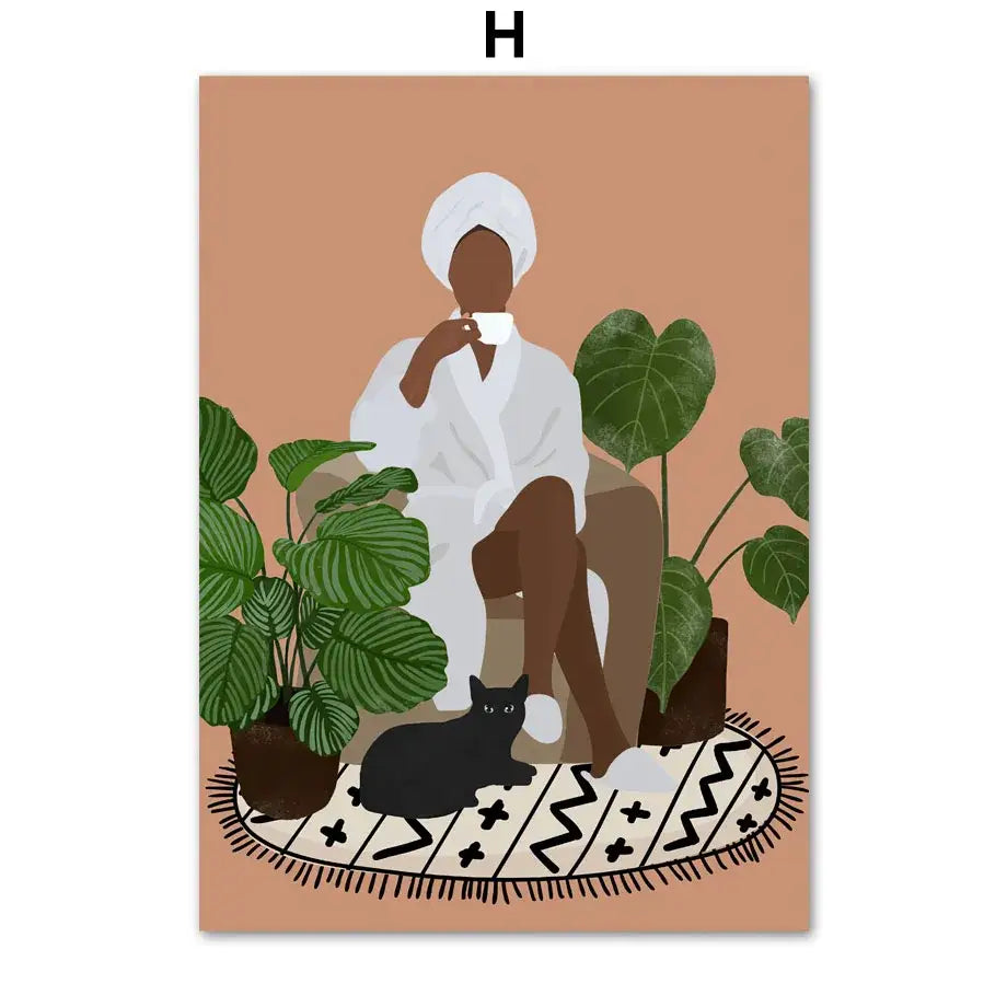 Botanical green plants and black cat framed wall art set living room