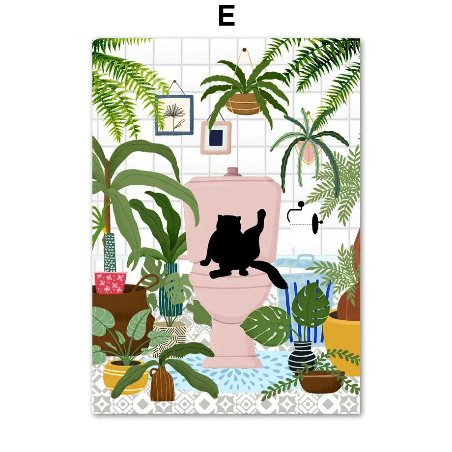 Botanical green plants and black cat framed wall art set living room