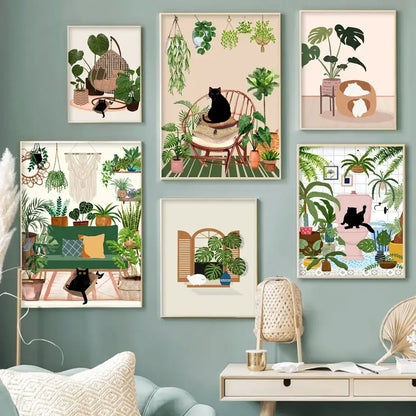 Botanical green plants and black cat framed wall art set living room