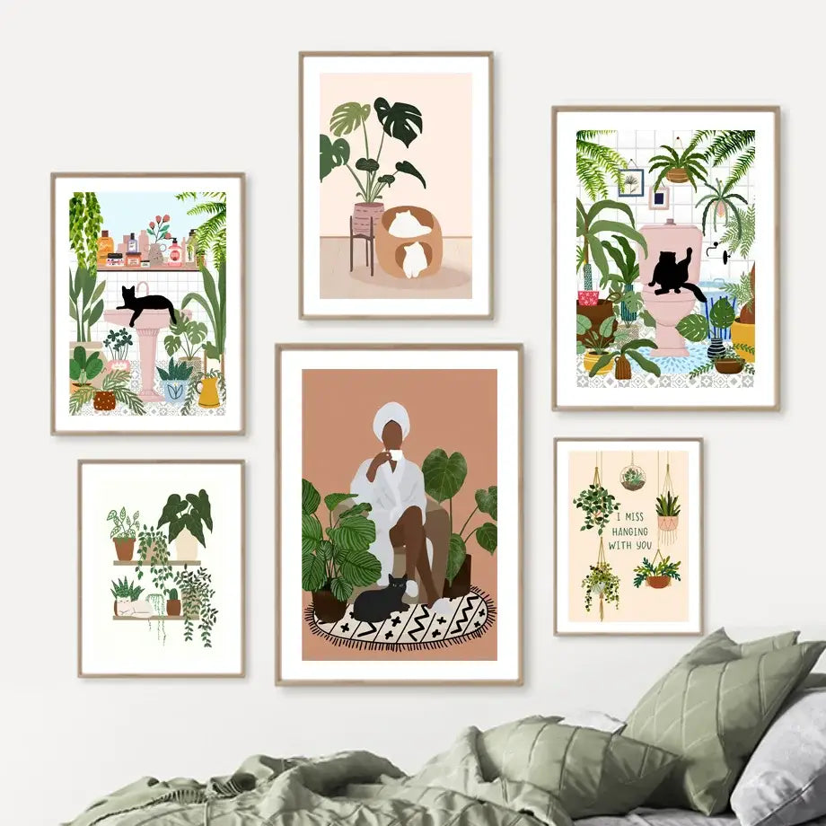 Botanical green plants and black cat framed wall art set living room