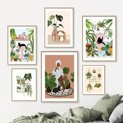 Botanical green plants and black cat framed wall art set living room