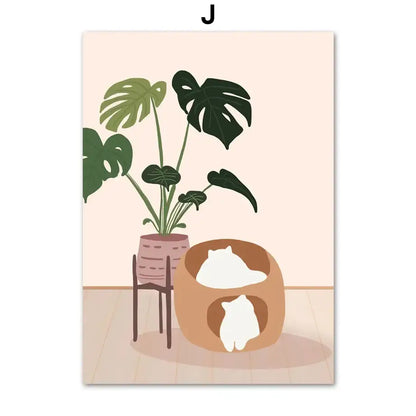 Botanical green plants and black cat framed wall art set living room