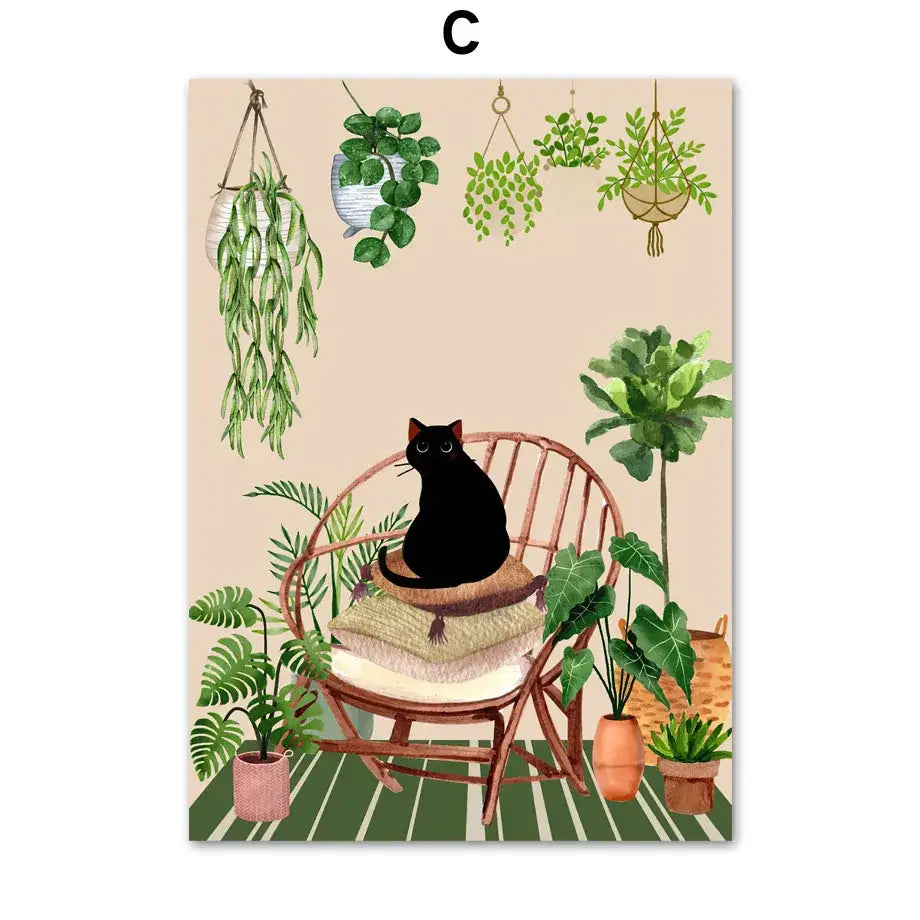 Botanical green plants and black cat framed wall art set living room