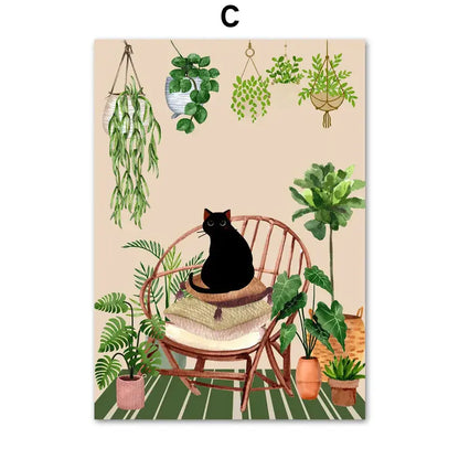 Botanical green plants and black cat framed wall art set living room