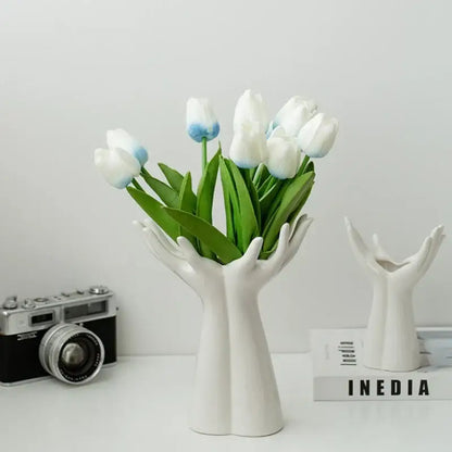 Hand painted white ceramic hand arm palm vase living room decor