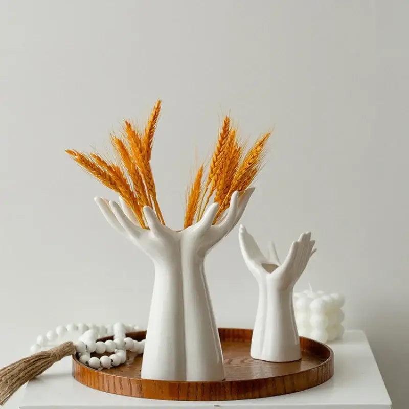 Hand painted white ceramic hand arm palm vase living room decor