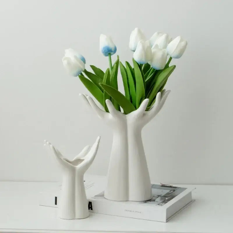 Hand painted white ceramic hand arm palm vase living room decor