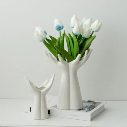 Hand painted white ceramic hand arm palm vase living room decor