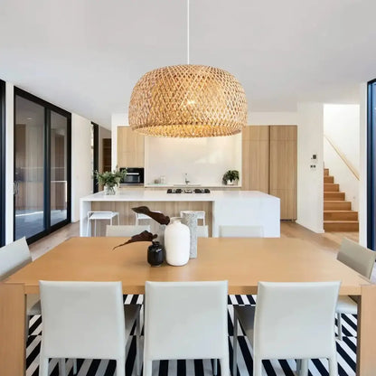 Hand-woven golden brown bamboo lantern pendant light for dining room