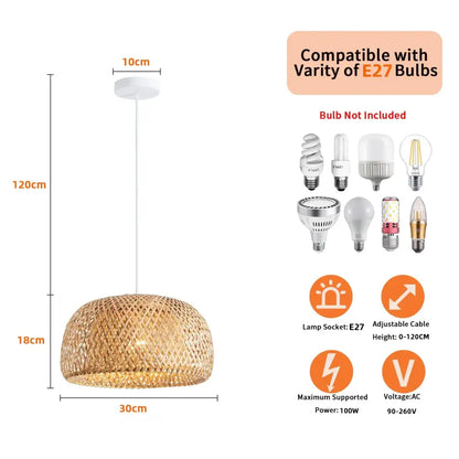 Hand-woven golden brown bamboo lantern pendant light for dining room