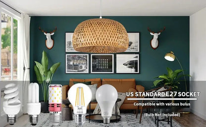 Hand-woven golden brown bamboo lantern pendant light for dining room