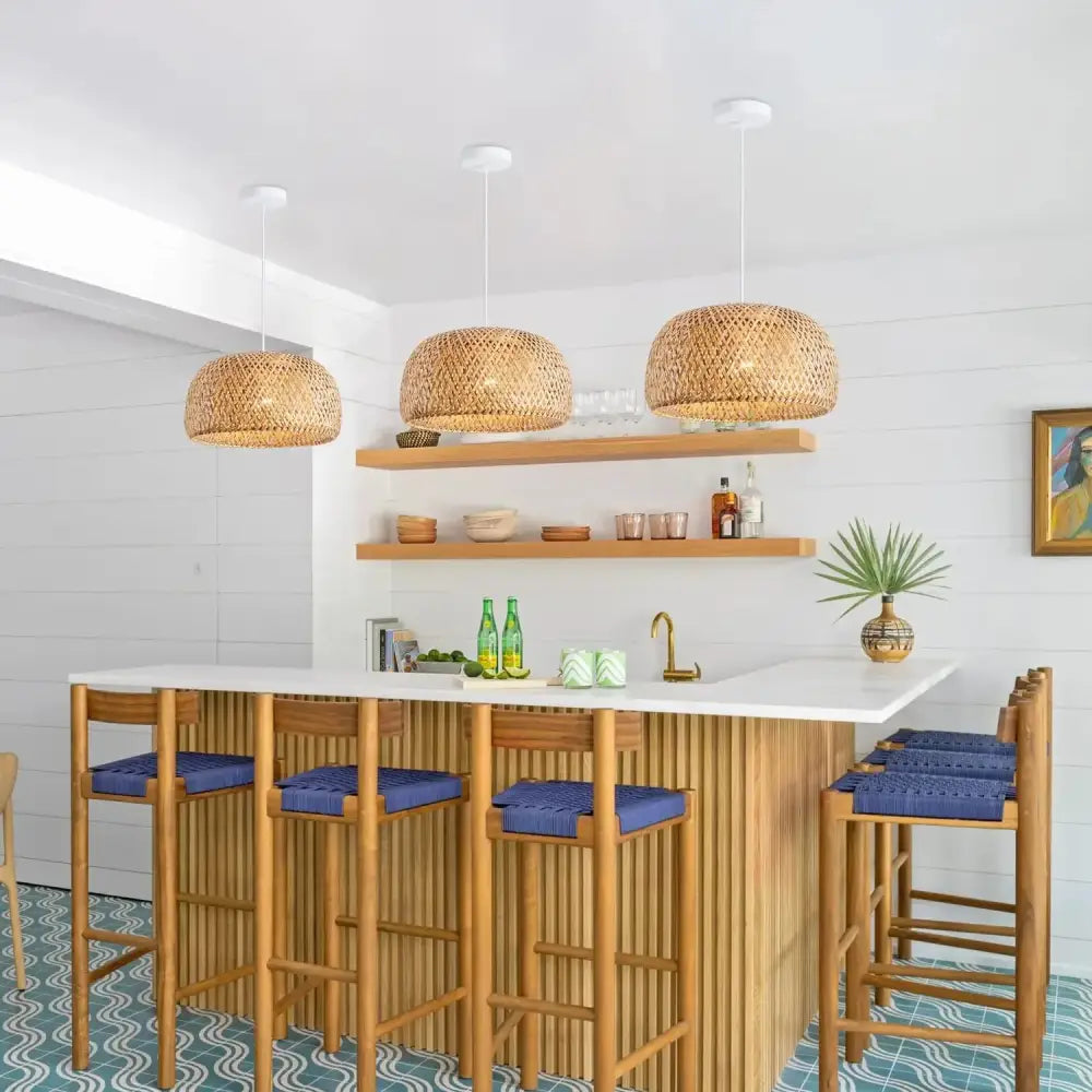Hand-woven golden brown bamboo lantern pendant light for dining room