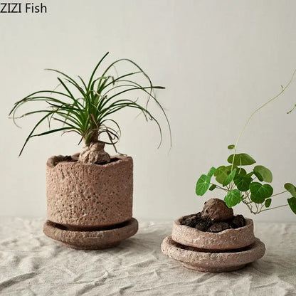 Rustic terracotta handcrafted ceramic pottery vase set living room