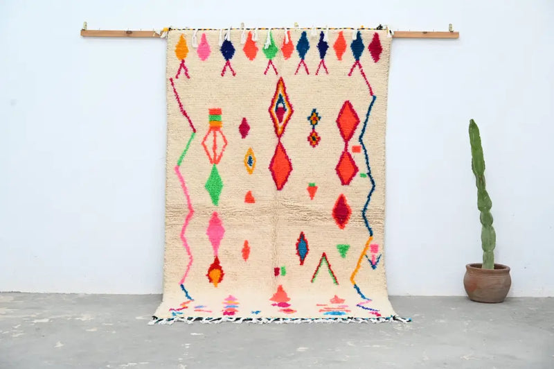 Handcrafted beige moroccan azilal rug living room geometric decor