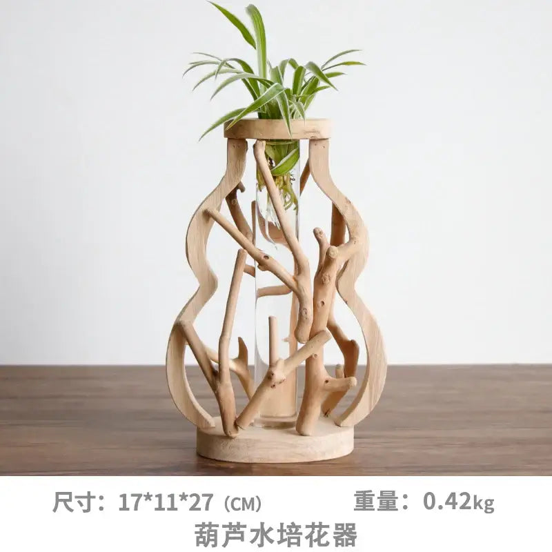 Natural handcrafted wooden vase with glass for living room home decor
