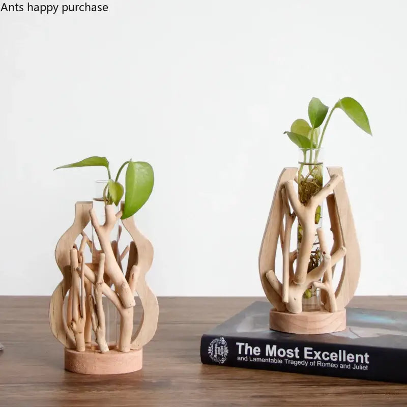 Natural handcrafted wooden vase with glass for living room home decor