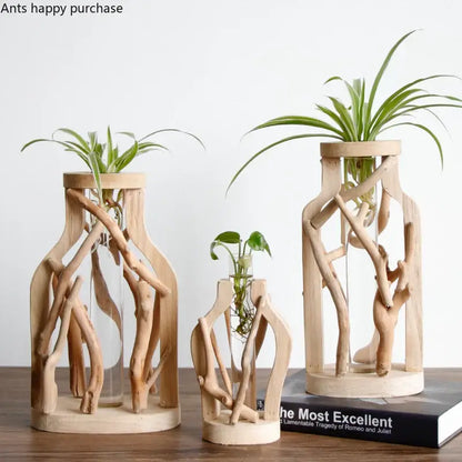 Natural handcrafted wooden vase with glass for living room home decor
